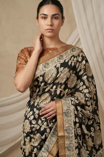 Black heavy woven zari floral & traditional motifs work silk blend fabric traditional grand festive style
