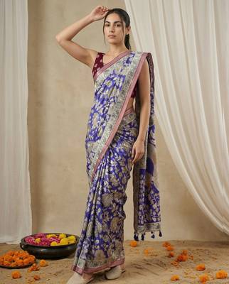 Light blue heavy woven zari floral & traditional motifs work silk blend fabric traditional grand festive style 4