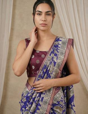 Light blue heavy woven zari floral & traditional motifs work silk blend fabric traditional grand festive style 5