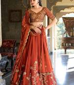 Rust Orange Embroidered Silk Lehenga Choli with Heavy Golden Threadwork & Dupatta | Bridal & Wedding Wear