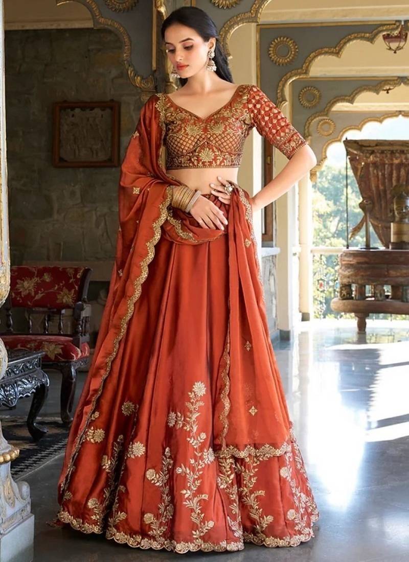 Rust Orange Embroidered Silk Lehenga Choli with Heavy Golden Threadwork & Dupatta | Bridal & Wedding Wear