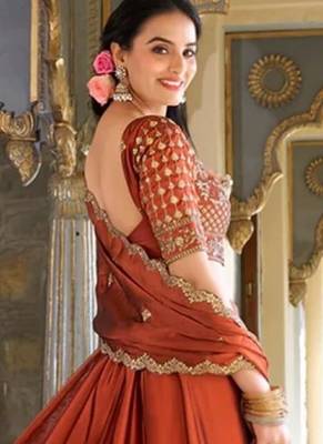 Rust Orange Embroidered Silk Lehenga Choli with Heavy Golden Threadwork & Dupatta | Bridal & Wedding Wear 2