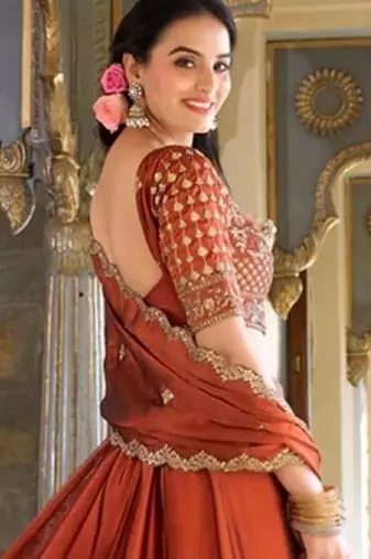 Rust Orange Embroidered Silk Lehenga Choli with Heavy Golden Threadwork & Dupatta | Bridal & Wedding Wear
