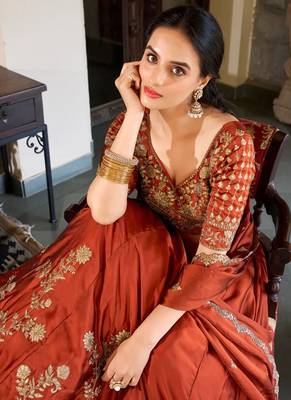 Rust Orange Embroidered Silk Lehenga Choli with Heavy Golden Threadwork & Dupatta | Bridal & Wedding Wear 3