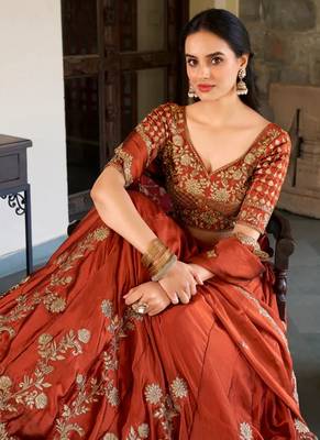 Rust Orange Embroidered Silk Lehenga Choli with Heavy Golden Threadwork & Dupatta | Bridal & Wedding Wear 4