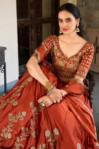 Rust Orange Embroidered Silk Lehenga Choli with Heavy Golden Threadwork & Dupatta | Bridal & Wedding Wear