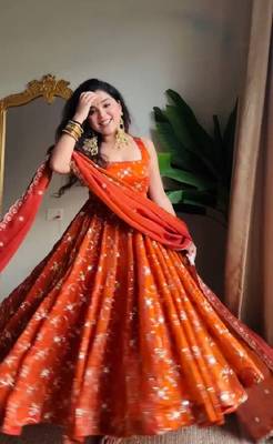 Orange color fendy silk heavy embroidery work wedding wear long gown 4