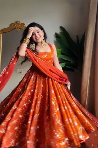 Orange color fendy silk heavy embroidery work wedding wear long gown