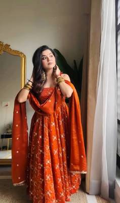 Orange color fendy silk heavy embroidery work wedding wear long gown 5