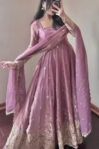 Onion fendy silk designer heavy work wedding wear long gown