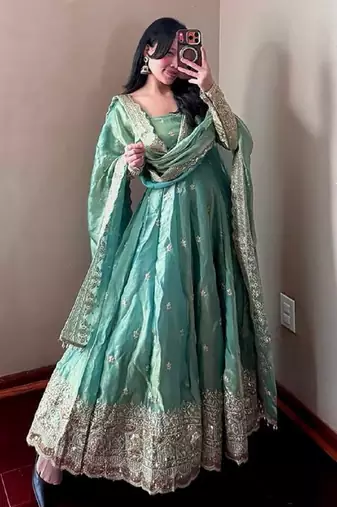 Teal fendy silk designer heavy work wedding wear long gown