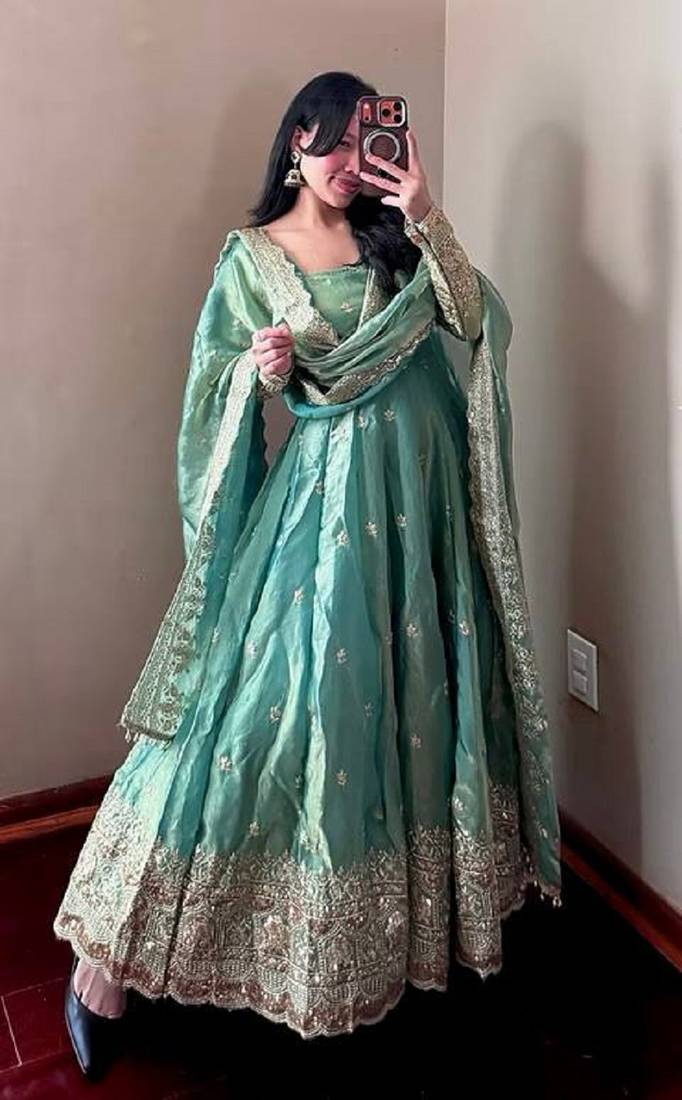 Teal fendy silk designer heavy work wedding wear long gown