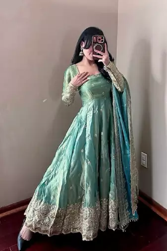 Teal fendy silk designer heavy work wedding wear long gown