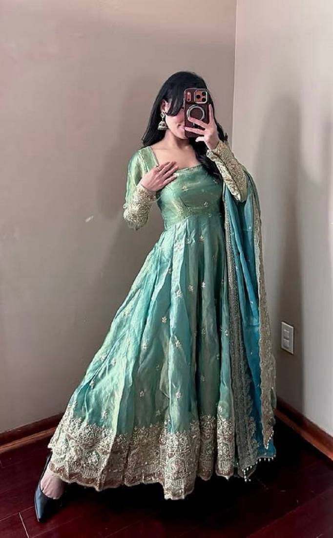 Teal fendy silk designer heavy work wedding wear long gown