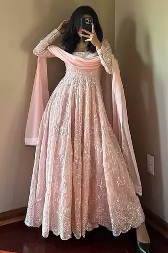 Light peach color faux georgette long party wear gown