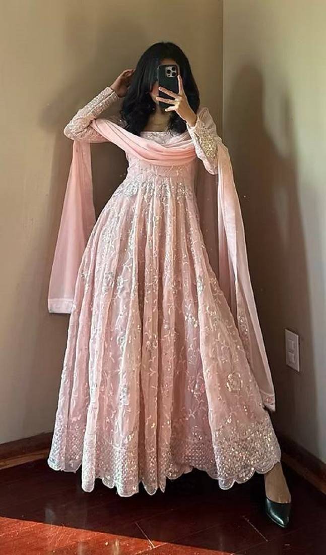 Light peach color faux georgette long party wear gown