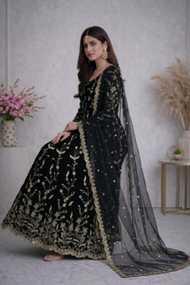 Black fendy satin heavy embroidery work long wedding wear gown 3