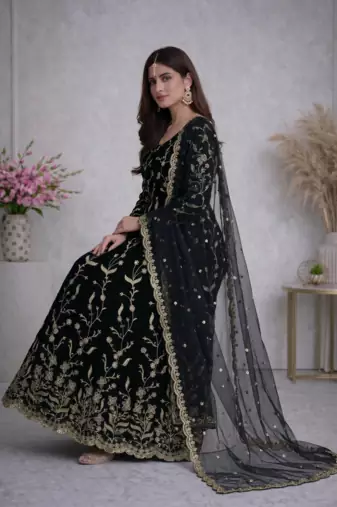 Black fendy satin heavy embroidery work long wedding wear gown