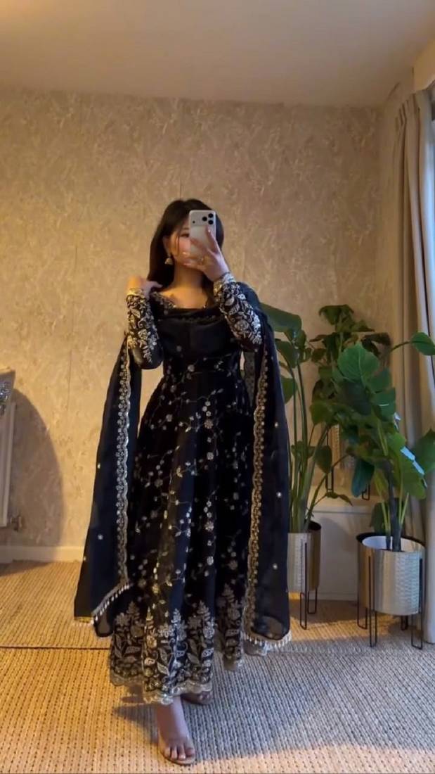 Black fendy satin heavy embroidery work long wedding wear gown