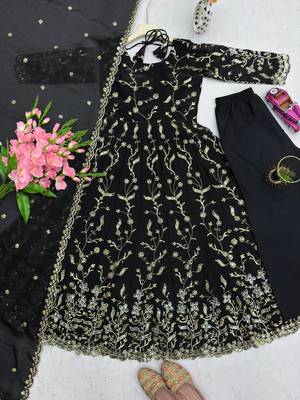Black fendy satin heavy embroidery work long wedding wear gown 4