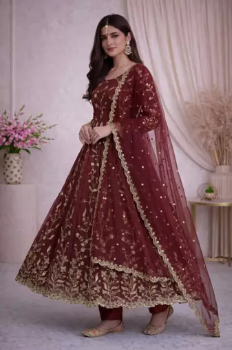 Maroon fendy satin heavy embroidery work long wedding wear gown