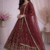 Maroon fendy satin heavy embroidery work long wedding wear gown