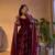 Maroon fendy satin heavy embroidery work long wedding wear gown