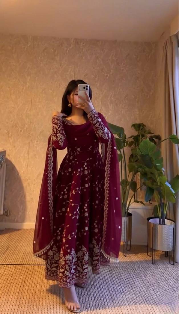 Maroon fendy satin heavy embroidery work long wedding wear gown
