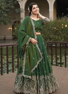 Olive Color Embroidery Thread Work and Butti All Over NC Vichitraa Lehenga With Fully Stitched Blouse 1