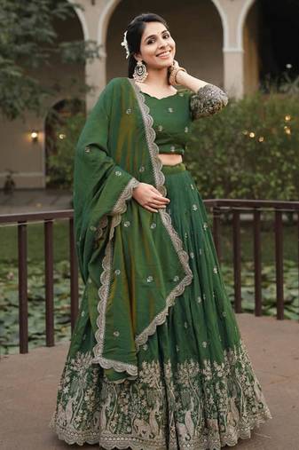 Olive Color Embroidery Thread Work and Butti All Over NC Vichitraa Lehenga With Fully Stitched Blouse