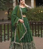 Olive Color Embroidery Thread Work and Butti All Over NC Vichitraa Lehenga With Fully Stitched Blouse