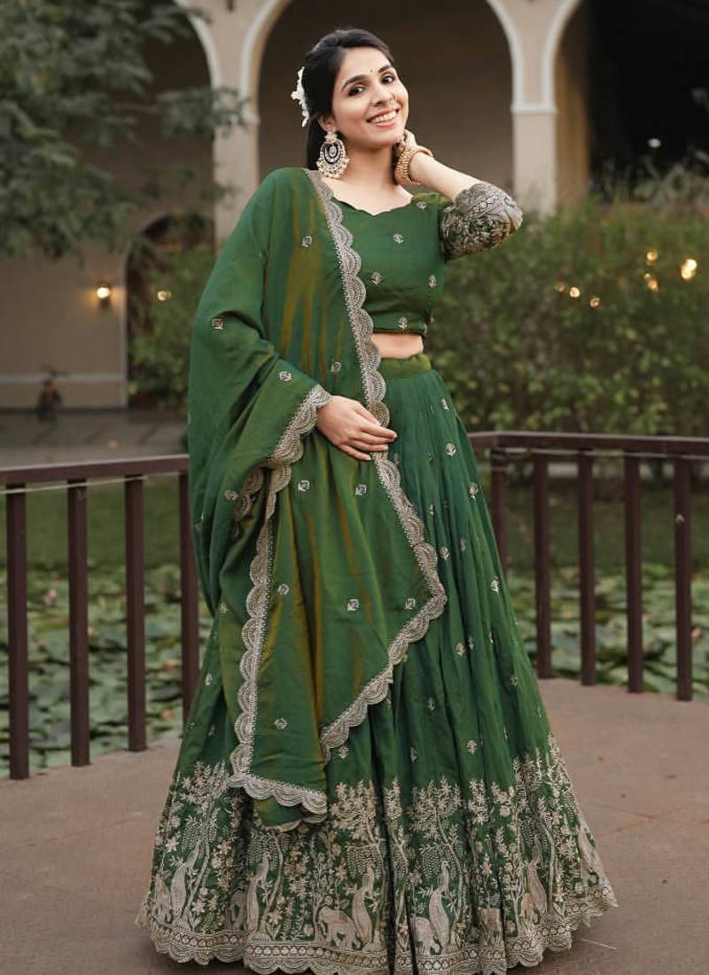 Olive Color Embroidery Thread Work and Butti All Over NC Vichitraa Lehenga With Fully Stitched Blouse