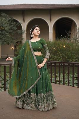 Olive Color Embroidery Thread Work and Butti All Over NC Vichitraa Lehenga With Fully Stitched Blouse 2
