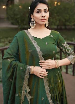 Olive Color Embroidery Thread Work and Butti All Over NC Vichitraa Lehenga With Fully Stitched Blouse 3