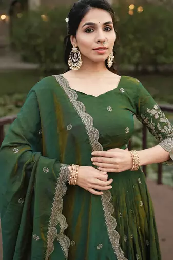 Olive Color Embroidery Thread Work and Butti All Over NC Vichitraa Lehenga With Fully Stitched Blouse