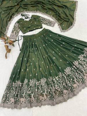 Olive Color Embroidery Thread Work and Butti All Over NC Vichitraa Lehenga With Fully Stitched Blouse 4