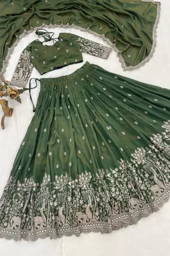 Olive Color Embroidery Thread Work and Butti All Over NC Vichitraa Lehenga With Fully Stitched Blouse