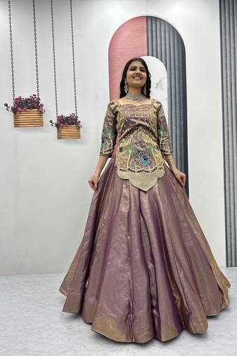 Mauve Color Embroidery Thread and Sequence Work Satin Silk Lahenga Choli Set