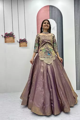 Mauve Color Embroidery Thread and Sequence Work Satin Silk Lahenga Choli Set