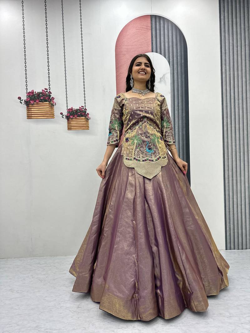 Mauve Color Embroidery Thread and Sequence Work Satin Silk Lahenga Choli Set
