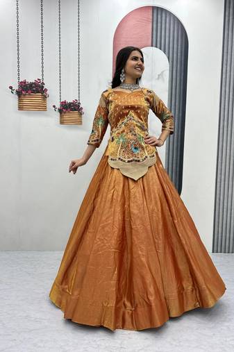 Yellow Color Embroidery Thread and Sequence Work Satin Silk Lahenga Choli Set