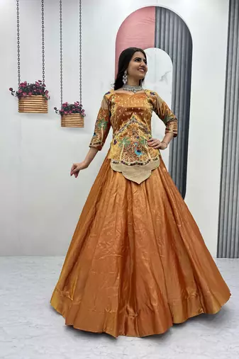 Yellow Color Embroidery Thread and Sequence Work Satin Silk Lahenga Choli Set