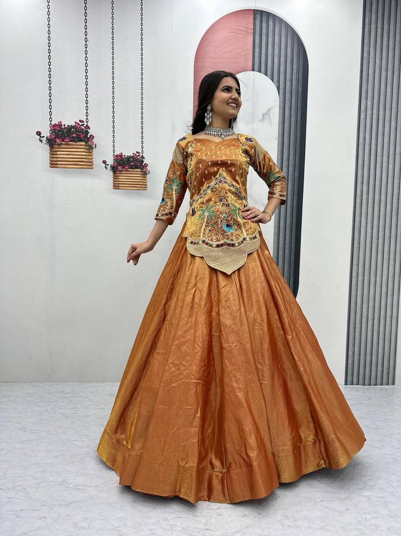 Yellow Color Embroidery Thread and Sequence Work Satin Silk Lahenga Choli Set