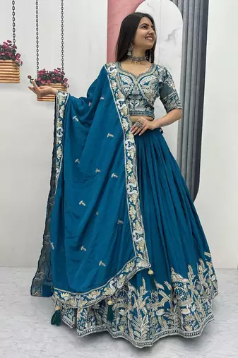 Peacock Blue Color Embroidery Thread And  Sequence Work Chinon Lahenga Choli Set
