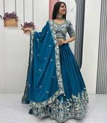Peacock Blue Color Embroidery Thread And  Sequence Work Chinon Lahenga Choli Set