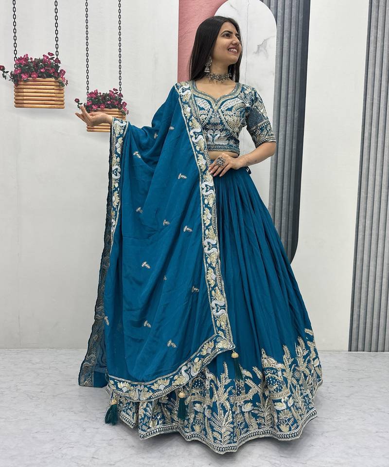 Peacock Blue Color Embroidery Thread And  Sequence Work Chinon Lahenga Choli Set