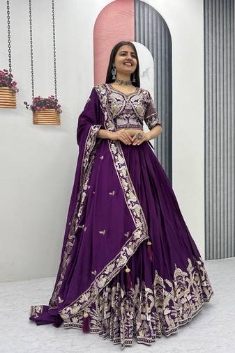 Royal Purple Color Embroidery Thread And  Sequence Work Chinon Lahenga Choli Set