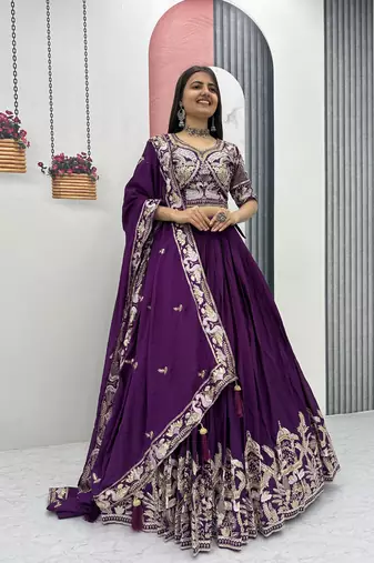 Royal Purple Color Embroidery Thread And  Sequence Work Chinon Lahenga Choli Set