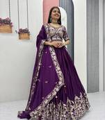Royal Purple Color Embroidery Thread And  Sequence Work Chinon Lahenga Choli Set