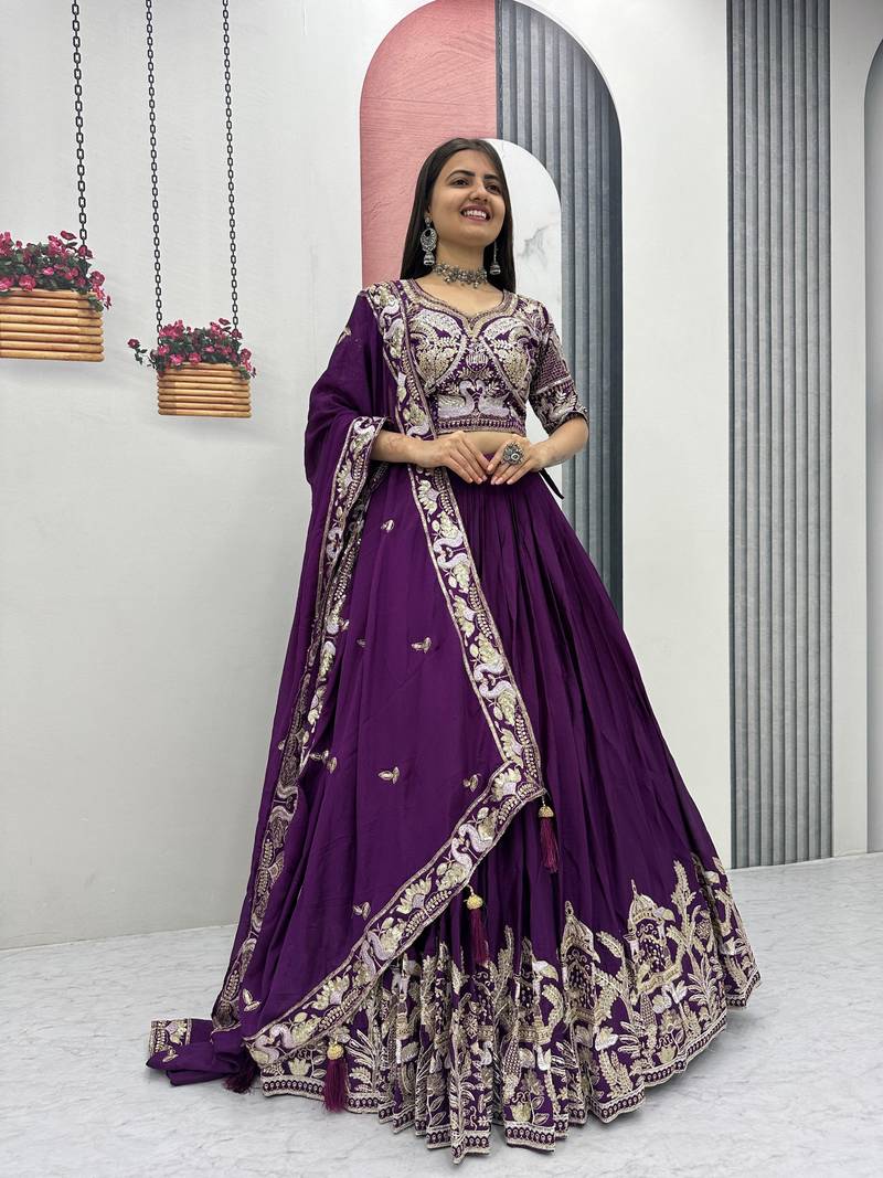Royal Purple Color Embroidery Thread And  Sequence Work Chinon Lahenga Choli Set